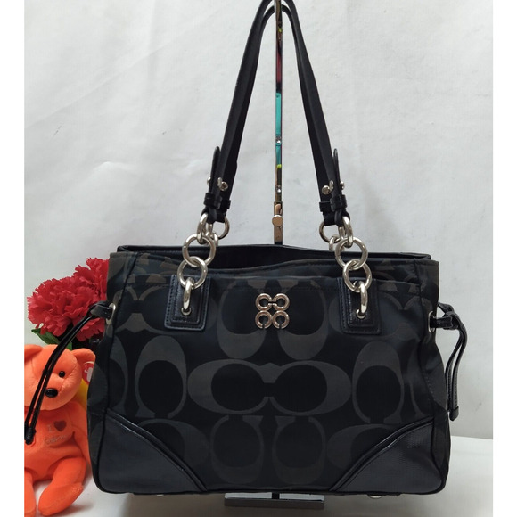 Coach Signature Black Canvas Double Handle Satchel Shoulder Bag - Picture 1 of 16